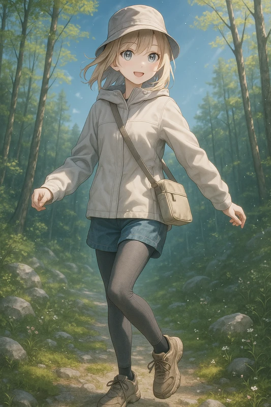 フェードデニム×ライトベージュのナチュラルコーデ|山ガールのプロンプト紹介
