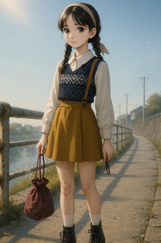 ブラウス+マスタードサスペンダースカート|昭和レトロ女子AIプロンプト