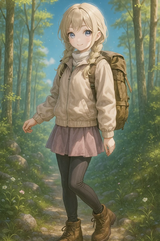 ベージュジャケット×モーブスカートの大人ガーリー|山ガールのプロンプト紹介
