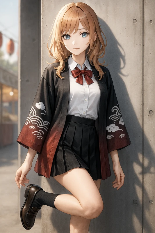 和柄グラデはっぴ×学生風プリーツ制服コーデ｜プロンプト紹介