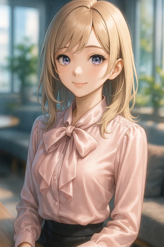 サテン生地のブラウスのOL服のAIイラスト作例