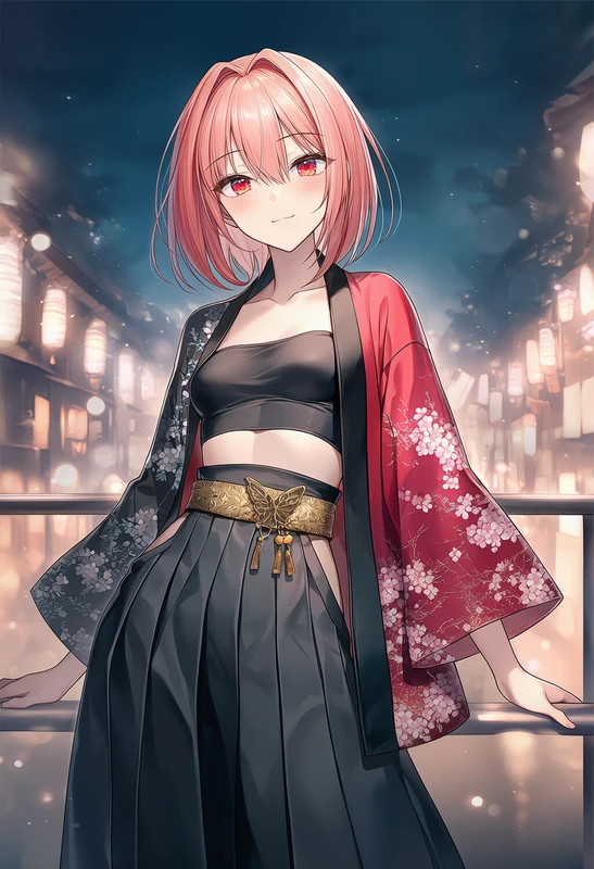 赤黒桜はっぴ×チューブトップ×袴パンツ×帯アクセントコーデのAIイラスト作例（NovelAI）
