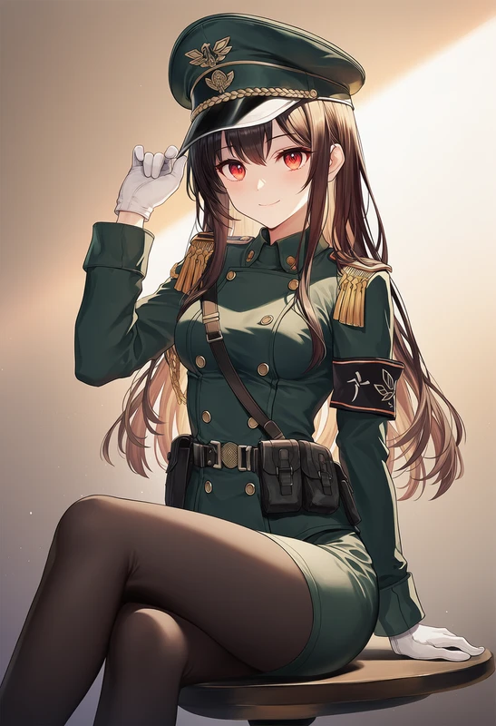 ダークグリーンの肩章付き将校服を着た美少女AIイラスト(座り姿)