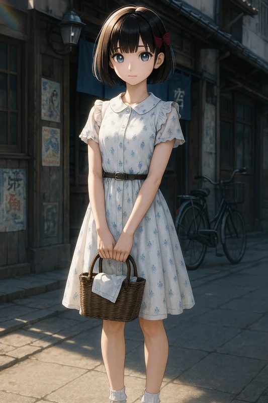 白小花柄ワンピ+細ベルトの昭和レトロ女子のAIイラスト