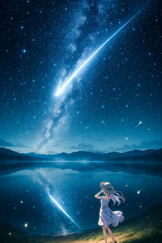 湖面に反射する流星｜AI作例とプロンプト紹介