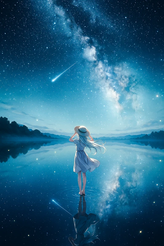 湖面に立つシルエットと星空｜AI作例とプロンプト紹介
