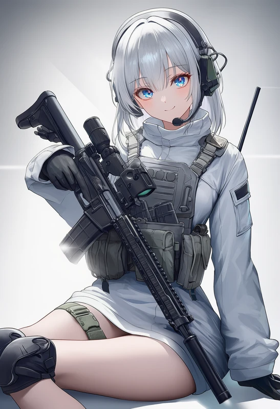 白基調のタクティカル装備を着た美少女AIイラスト(座り姿)