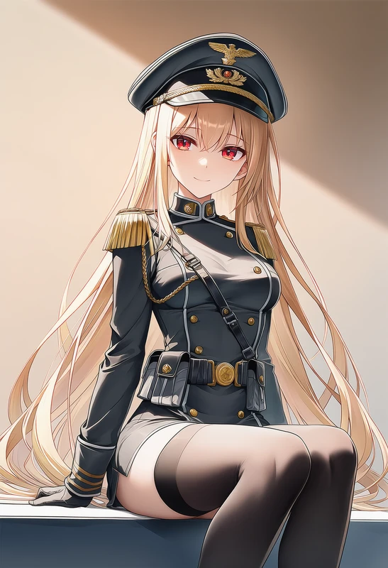 黒の将校風ダブルブレスト軍服を着た美少女AIイラスト(座り姿)