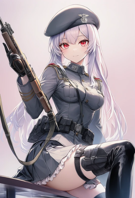 グレーのベレー帽付きミリタリー軽装服を着た美少女AIイラスト(座り姿)