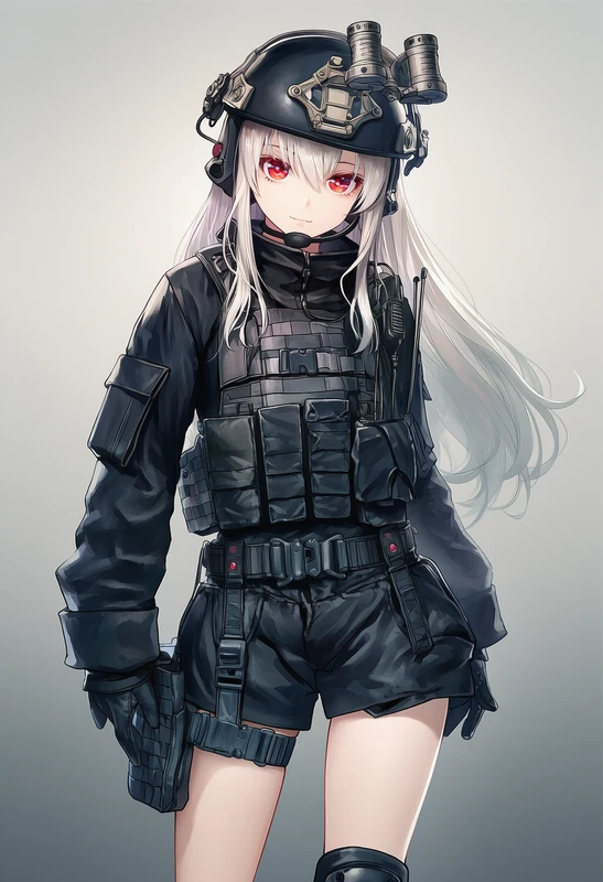 黒のタクティカル装備ミリタリー服を着た美少女AIイラスト