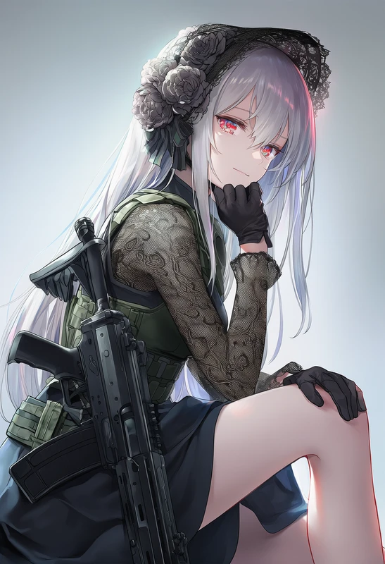 花飾りボンネットとタクティカルベストを着た美少女AIイラスト(座り姿)