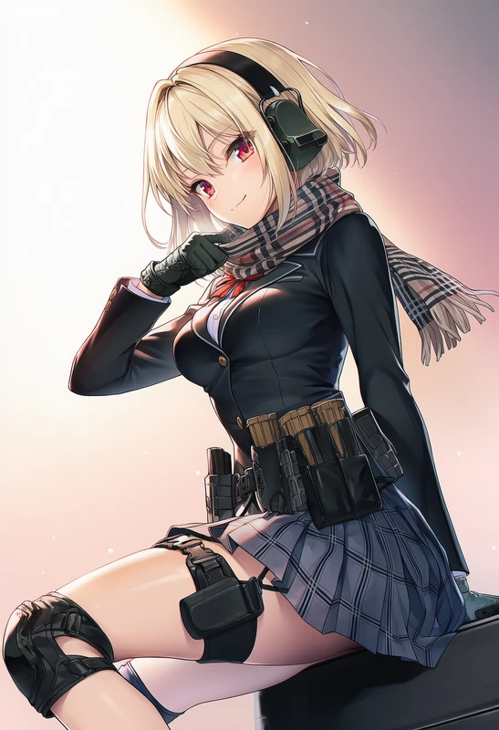 スクールジャケットとチェック柄スカートを着た美少女AIイラスト(座り姿)