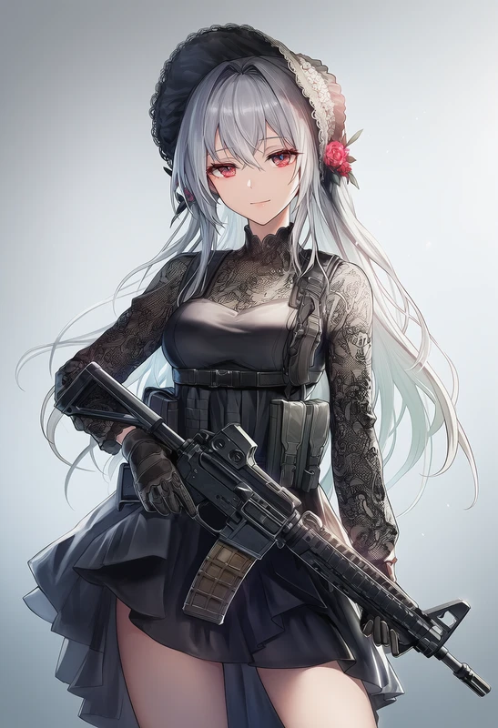 花飾りボンネットとタクティカルベストを着た美少女AIイラスト