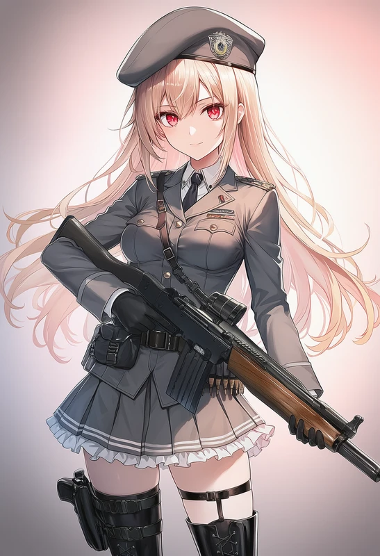 グレーのベレー帽付きミリタリー軽装服を着た美少女AIイラスト