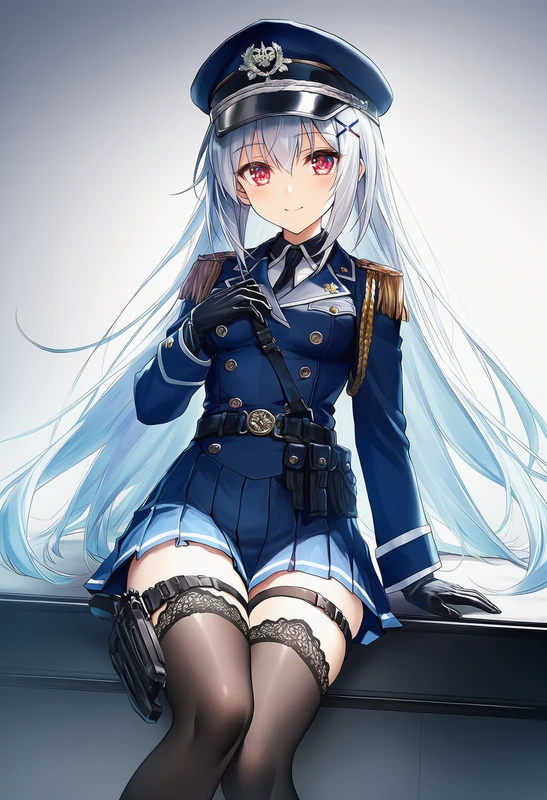 青の戦術系ミリタリー制服を着た美少女AIイラスト(座り姿)
