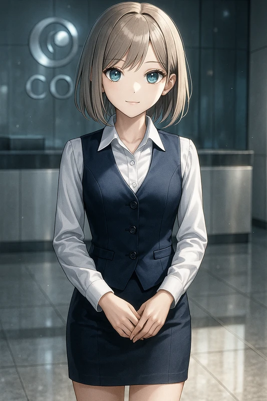 白ブラウス+ベスト+タイトスカート|OLの服プロンプト紹介
