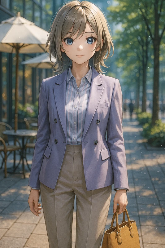 パステルストライプ+ラベンダージャケット+ベージュテーパード|丸の内OLの服プロンプト紹介