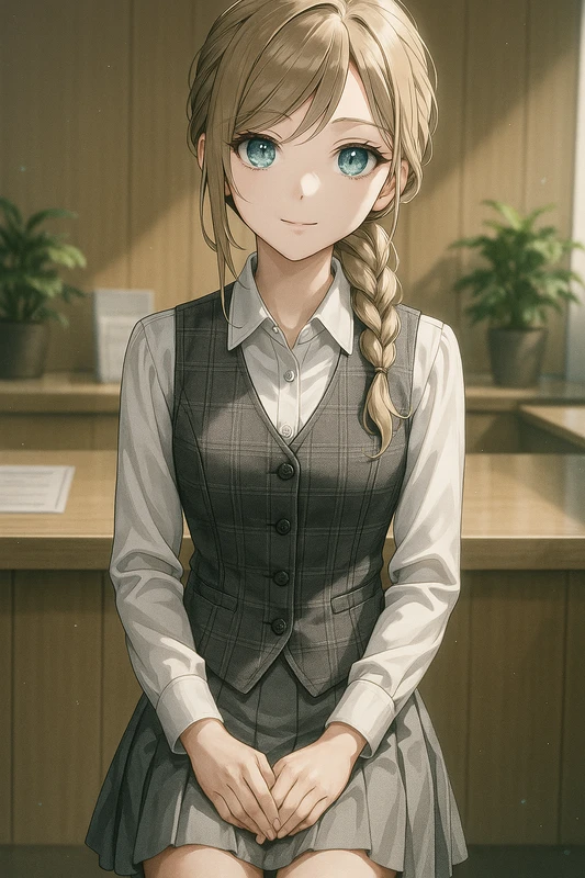 白ブラウス+ベスト+プリーツスカート|OLの服プロンプト紹介