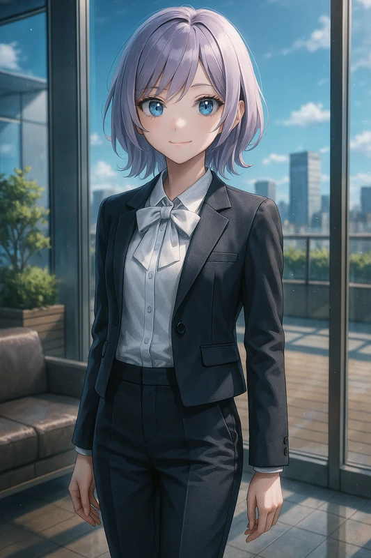 ボウタイブラウス+ショート丈ジャケット+クロップドパンツ|OLの服プロンプト紹介