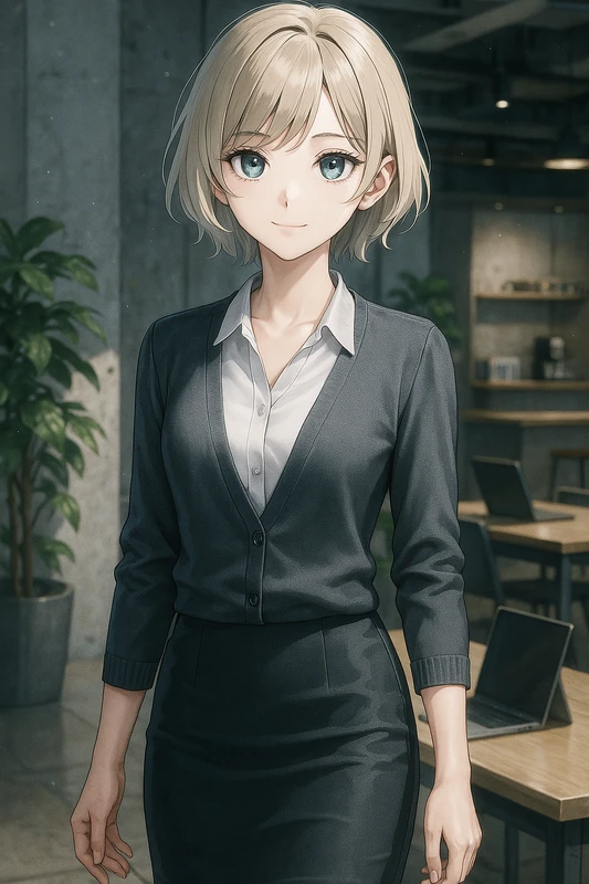白ブラウス+薄手Vネックカーディガン+タイトスカート|OLの服プロンプト紹介