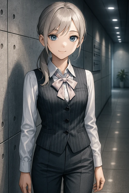 白ブラウス+ベスト+スラックス|OLの服プロンプト紹介