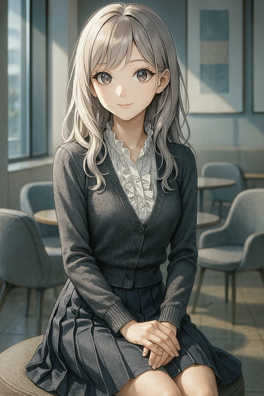 フリルブラウス+ニットカーディガン+プリーツスカート|OLの服プロンプト紹介