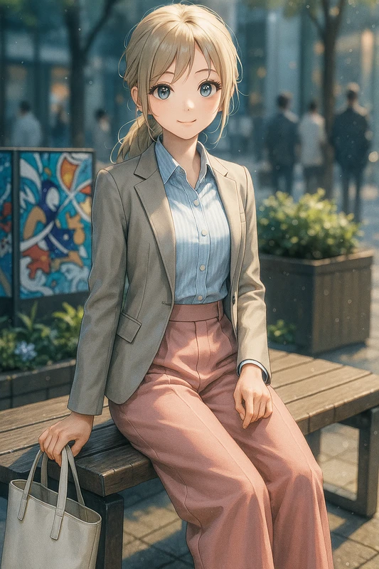 ペールブルーピンスト+グレージュジャケット+ピンクワイドパンツ|丸の内OLの服プロンプト紹介