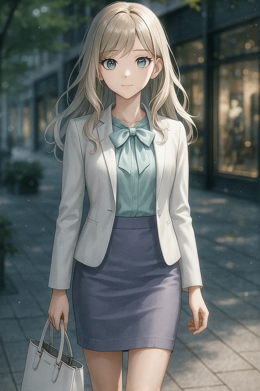 ミントボウタイ+アイボリージャケット+ラベンダータイトスカート|丸の内OLの服プロンプト紹介