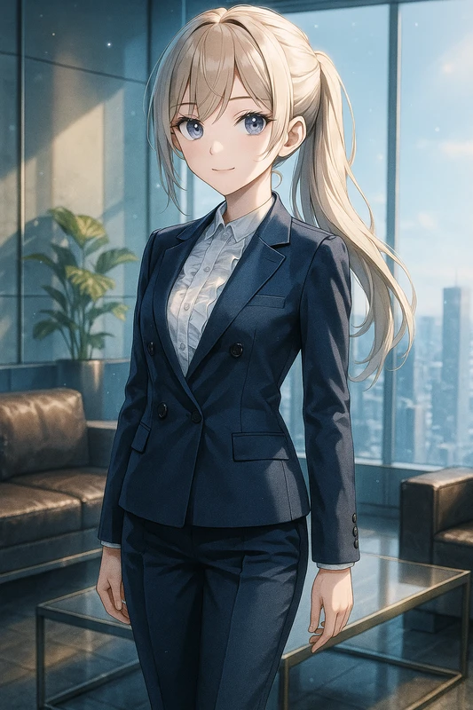 フリルブラウス+ダブルジャケット+スラックス|OLの服プロンプト紹介