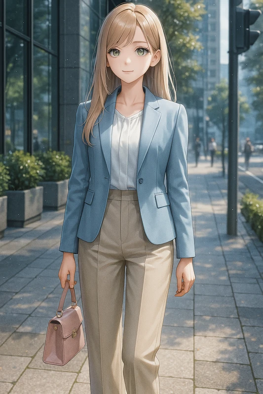 白ブラウス+青ジャケット+ベージュワイドパンツ|丸の内OLの服プロンプト紹介