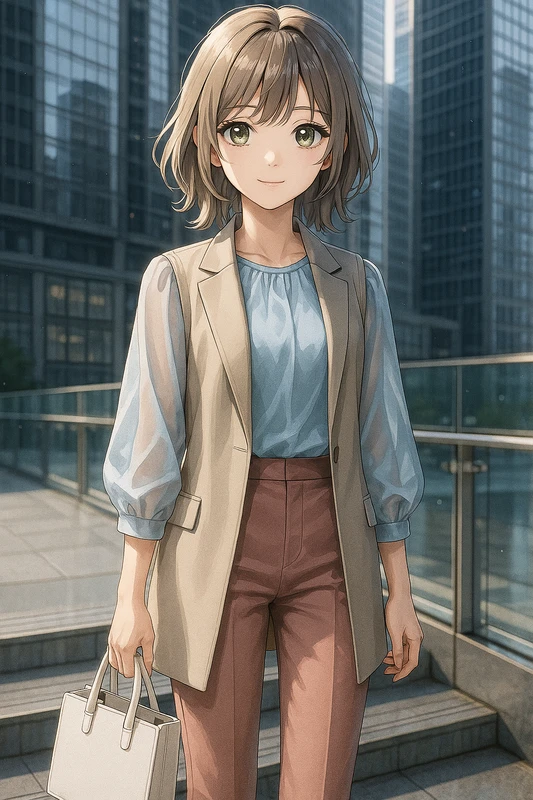 アイスブルーシフォン+サンドジレ+ピンクテーパード|丸の内OLの服プロンプト紹介