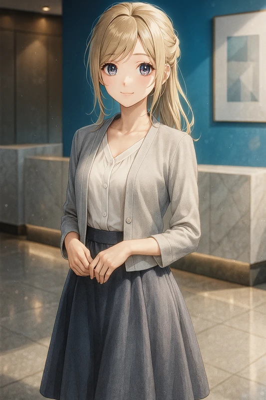 白ブラウス+薄手Vネックカーディガン+フレアスカート|OLの服プロンプト紹介