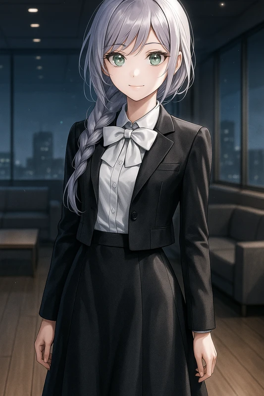 ボウタイブラウス+ショート丈ジャケット+フレアスカート|OLの服プロンプト紹介