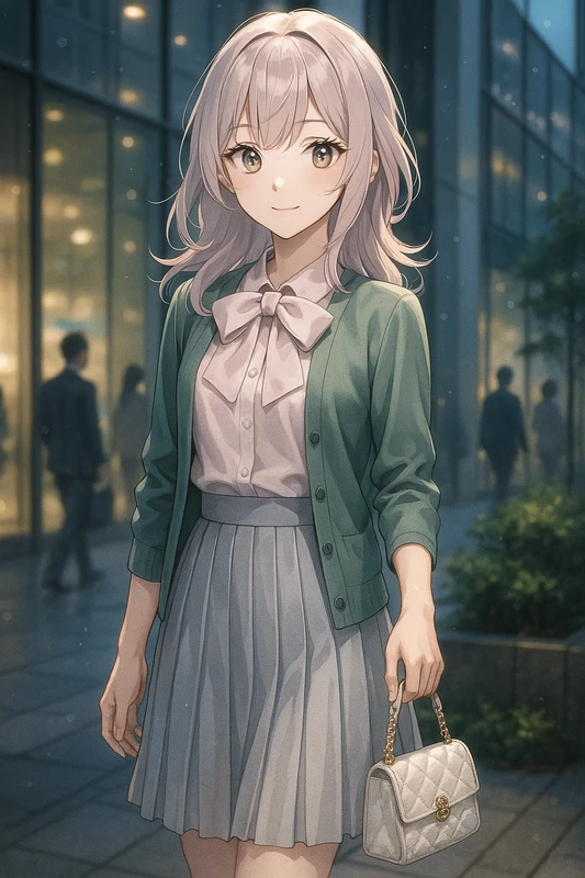 ピンクボウタイ+グリーンカーデ+グレープリーツスカート|丸の内OLの服プロンプト紹介