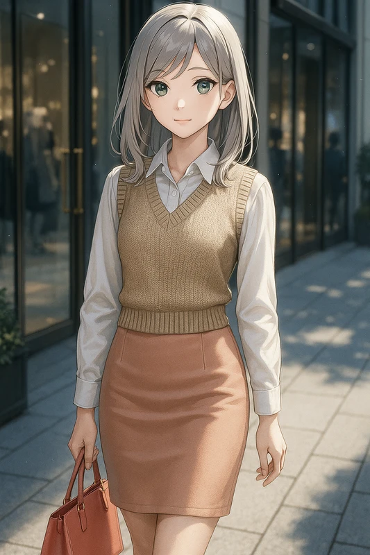 白ブラウス+キャメルニット+ピーチタイトスカート|丸の内OLの服プロンプト紹介