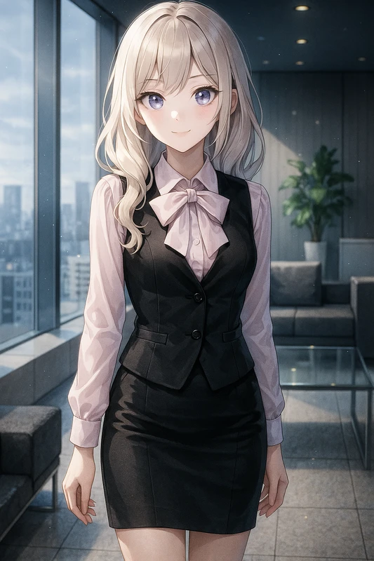 ボウタイブラウス+ベスト+タイトスカート|OLの服プロンプト紹介
