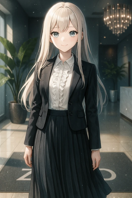 フリルブラウス+テーラードジャケット+プリーツスカート|OLの服プロンプト紹介