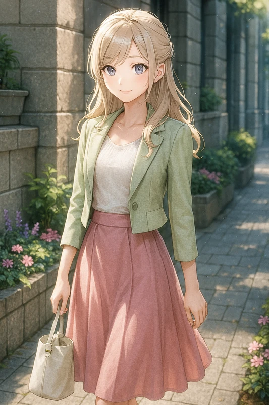 ミルキーニット+ピスタチオショート+ローズフレアスカート|丸の内OLの服プロンプト紹介