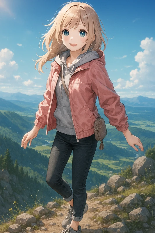 ダスティピンク×街カジュアル登山系|山ガールのプロンプト紹介