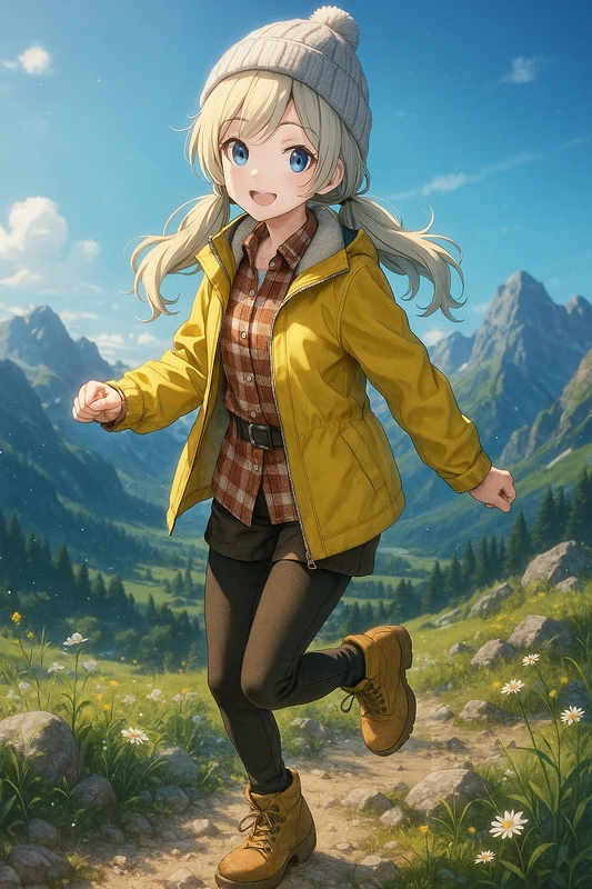マスタード×チェックシャツの秋色カジュアル|山ガールのプロンプト紹介