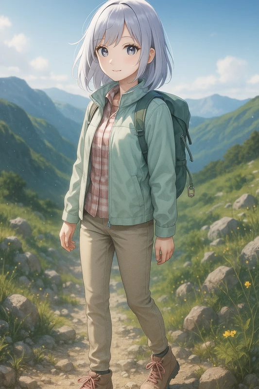 パステルジャケット×チェック軽登山コーデ|山ガールのプロンプト紹介
