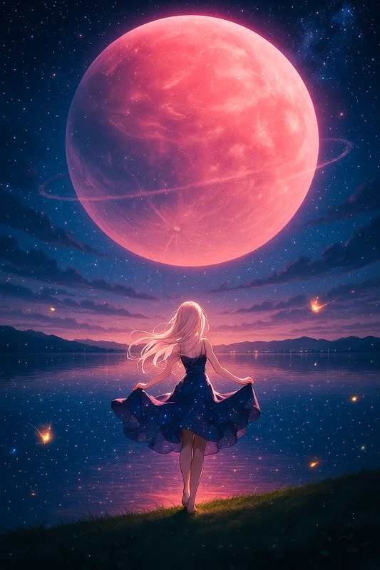 星空と湖面に映る赤い惑星の光｜AI作例とプロンプト紹介