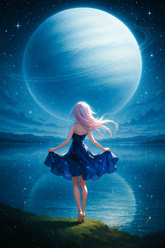 星空と湖面に映る惑星｜AI作例とプロンプト紹介