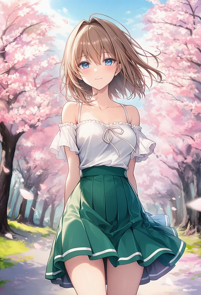 桜並木の道に立つ美少女AIイラスト作例