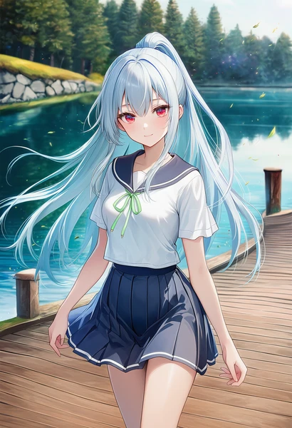 湖畔の道に立つ美少女AIイラスト作例