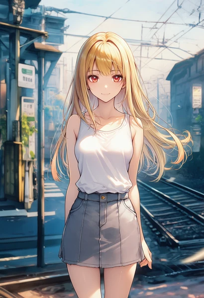 路面電車の道に立つ美少女AIイラスト作例