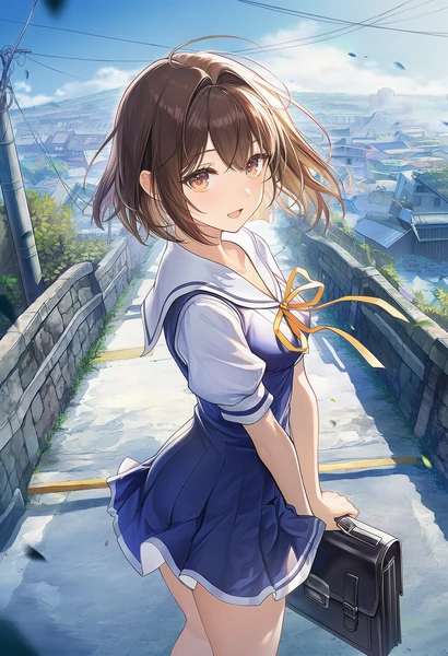 住宅街の坂道に立つ美少女AIイラスト作例