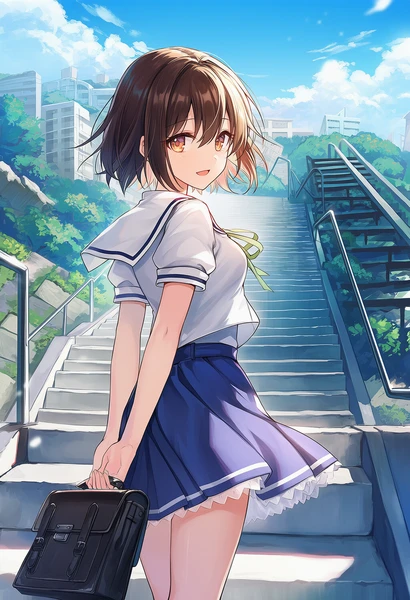 ジグザグ坂道に立つ美少女AIイラスト作例