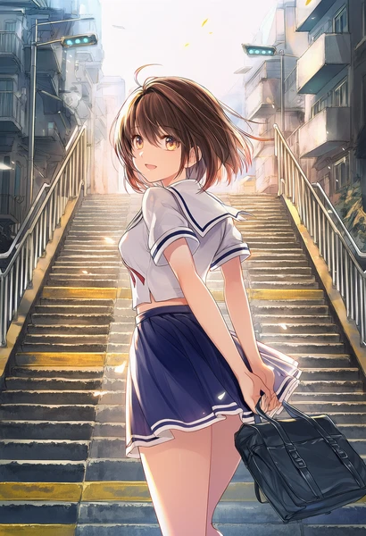 住宅街の階段道に立つ美少女AIイラスト作例