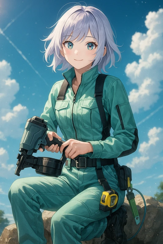 アクアグリーンの作業服と腰回り工具装備の現場スタイル｜プロンプト紹介